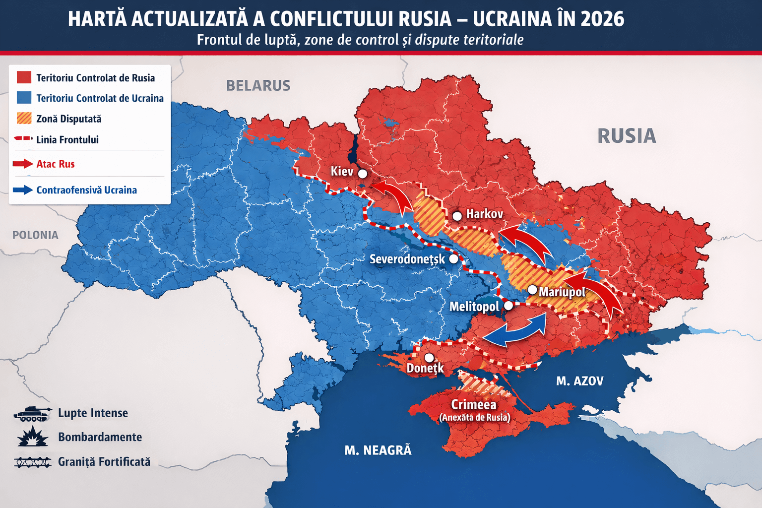 Hartă actualizată a războiului Rusia–Ucraina, cu linia frontului, zone controlate de Rusia și Ucraina și regiuni disputate 2026.