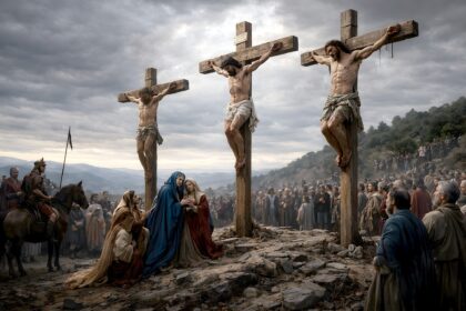 Răstignirea lui Iisus Hristos pe cruce, ilustrând cele 7 cuvinte rostite înainte de moarte
