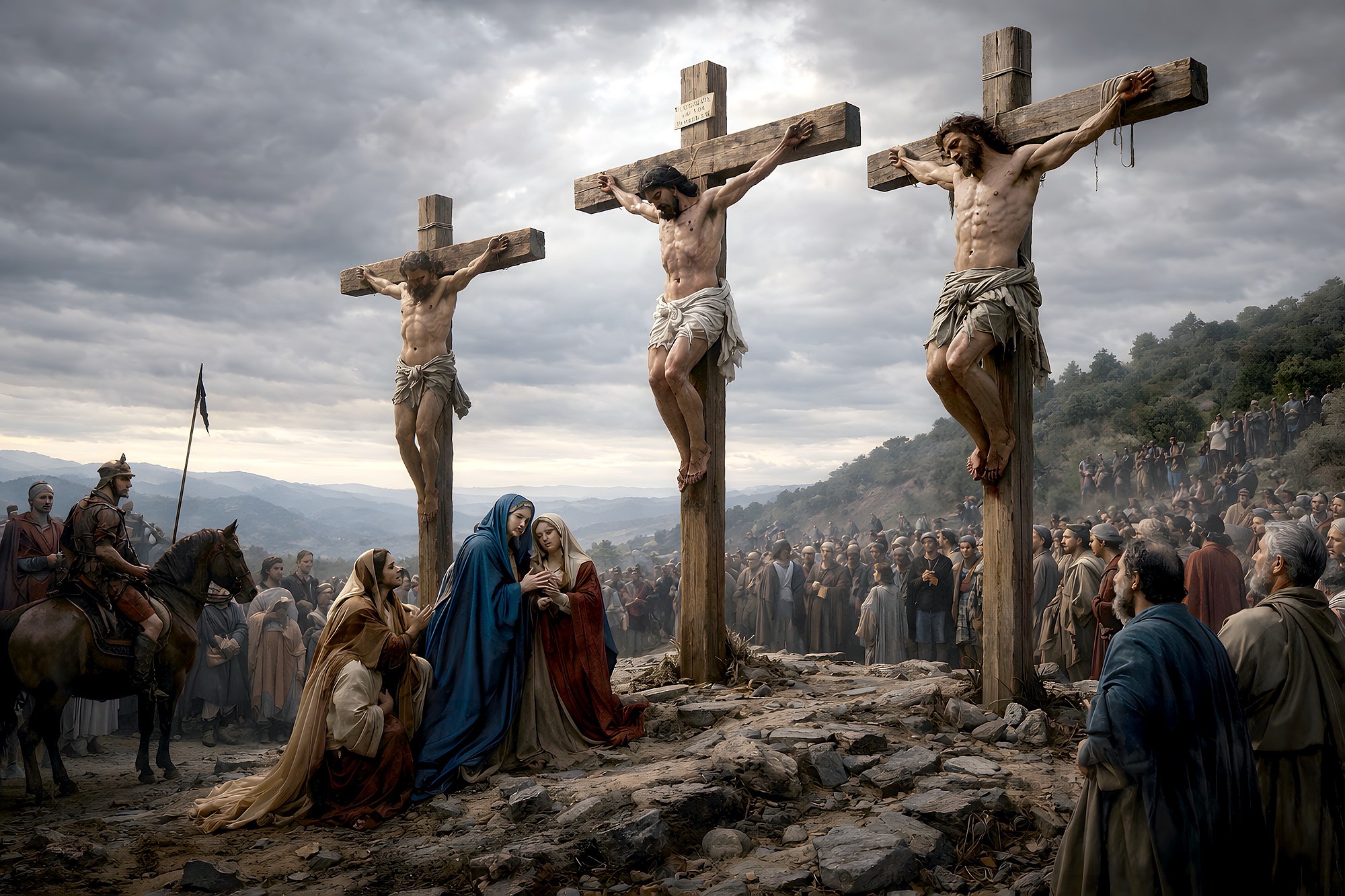 Răstignirea lui Iisus Hristos pe cruce, ilustrând cele 7 cuvinte rostite înainte de moarte