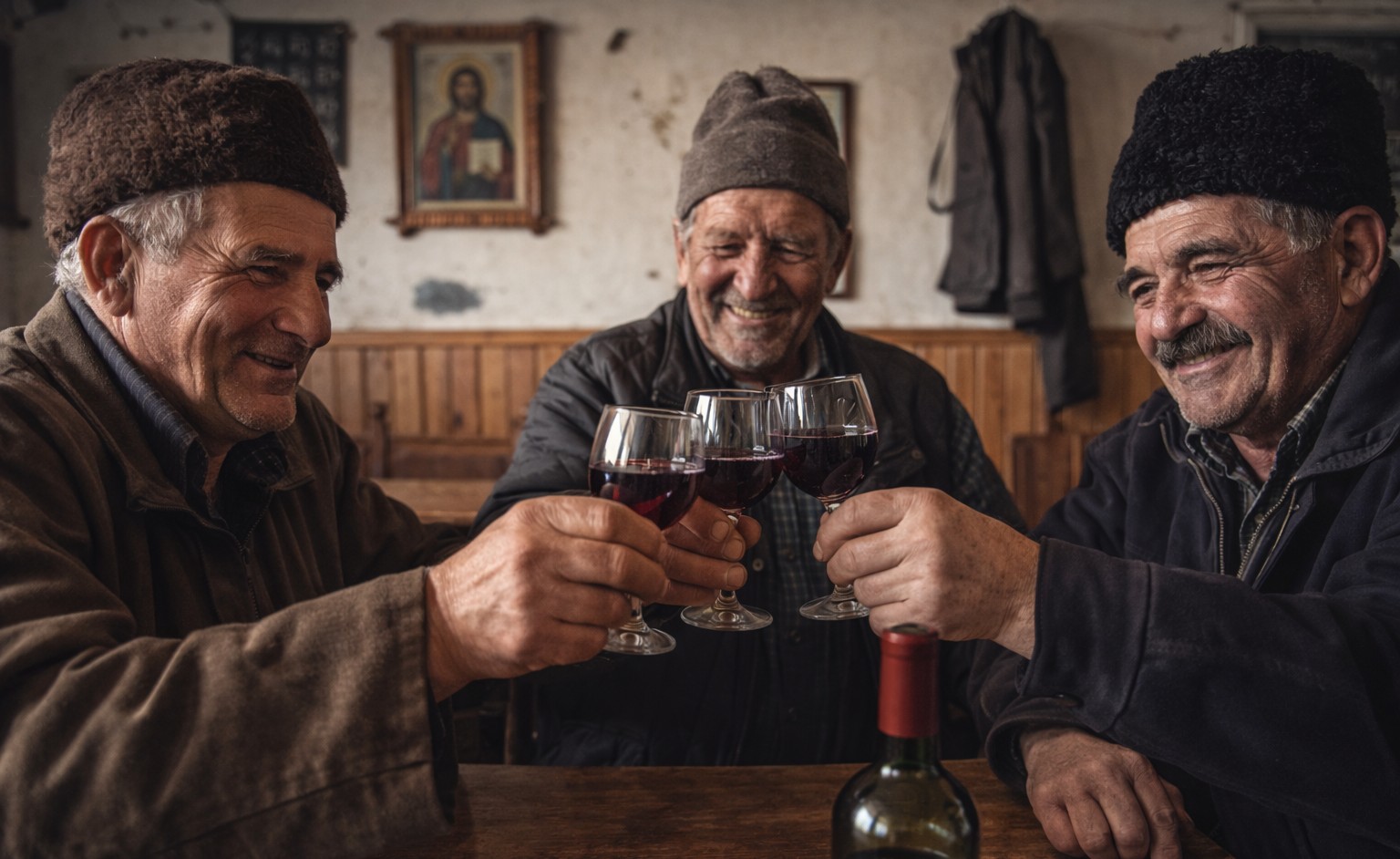 Bărbați ciocnind pahare de vin la birt, ilustrând tradiția celor 40 de pahare de Sfinții 40 de Mucenici