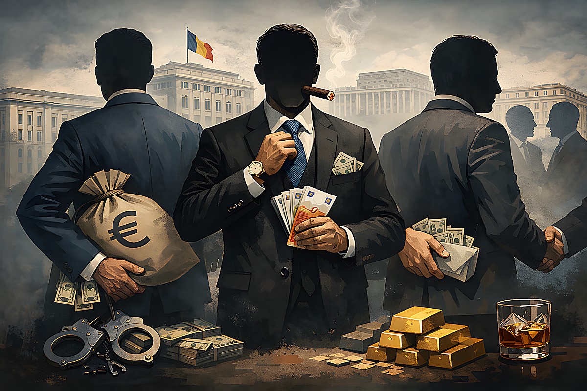 Politicienii din România și corupția care îi defineșțe. În spate, clădirile Guvernului României, Parlamentului și steagul României.