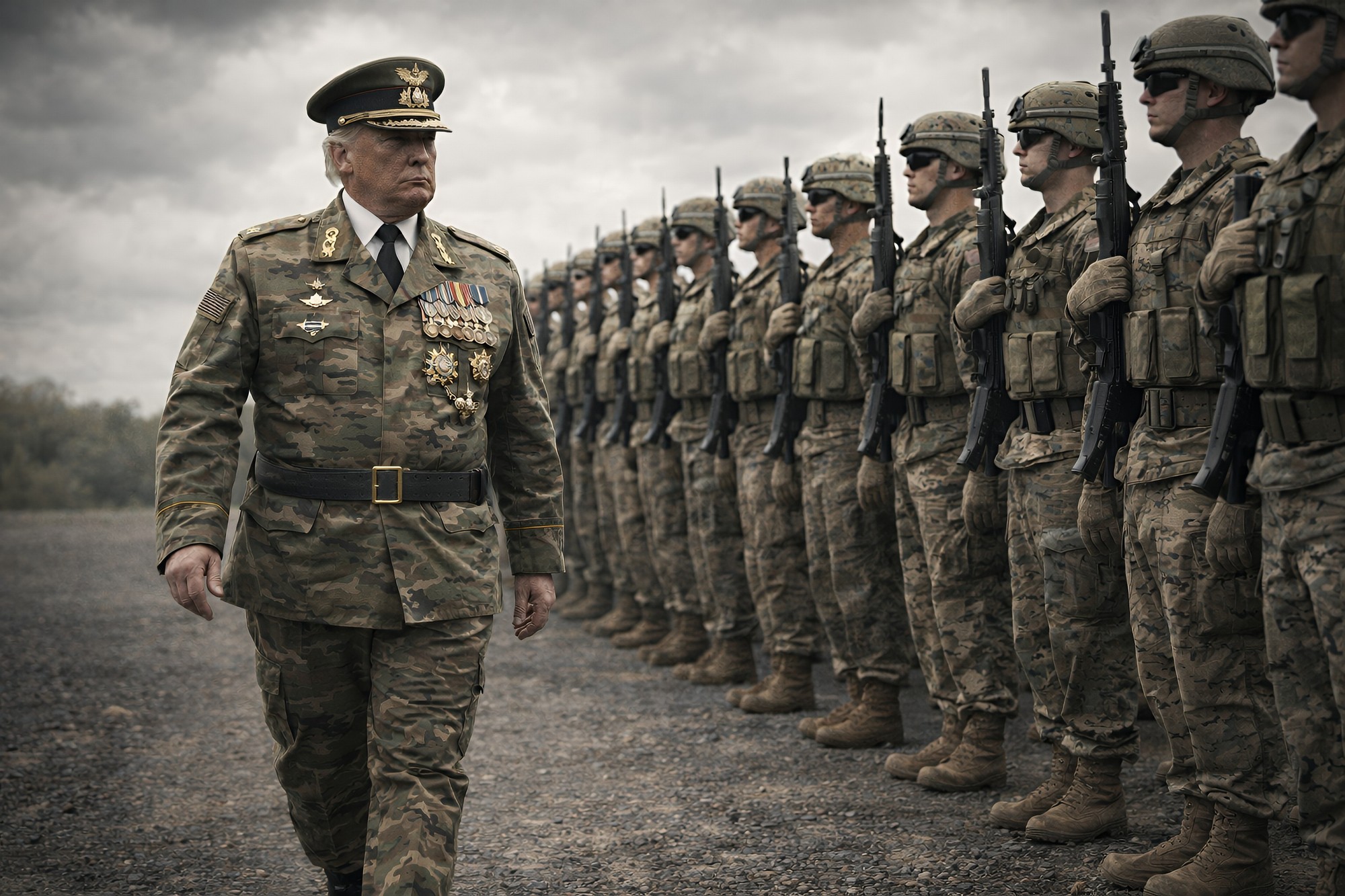 Donald Trump în uniformă militară inspectând trupe, imagine simbolică despre riscul unui conflict global și al unui posibil al treilea război mondial.