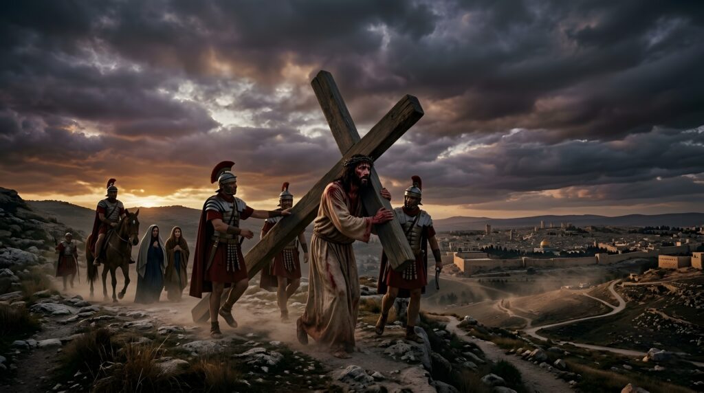 Răstignirea lui Iisus și drumul crucii spre Golgota, cu soldați romani și Ierusalimul în fundal