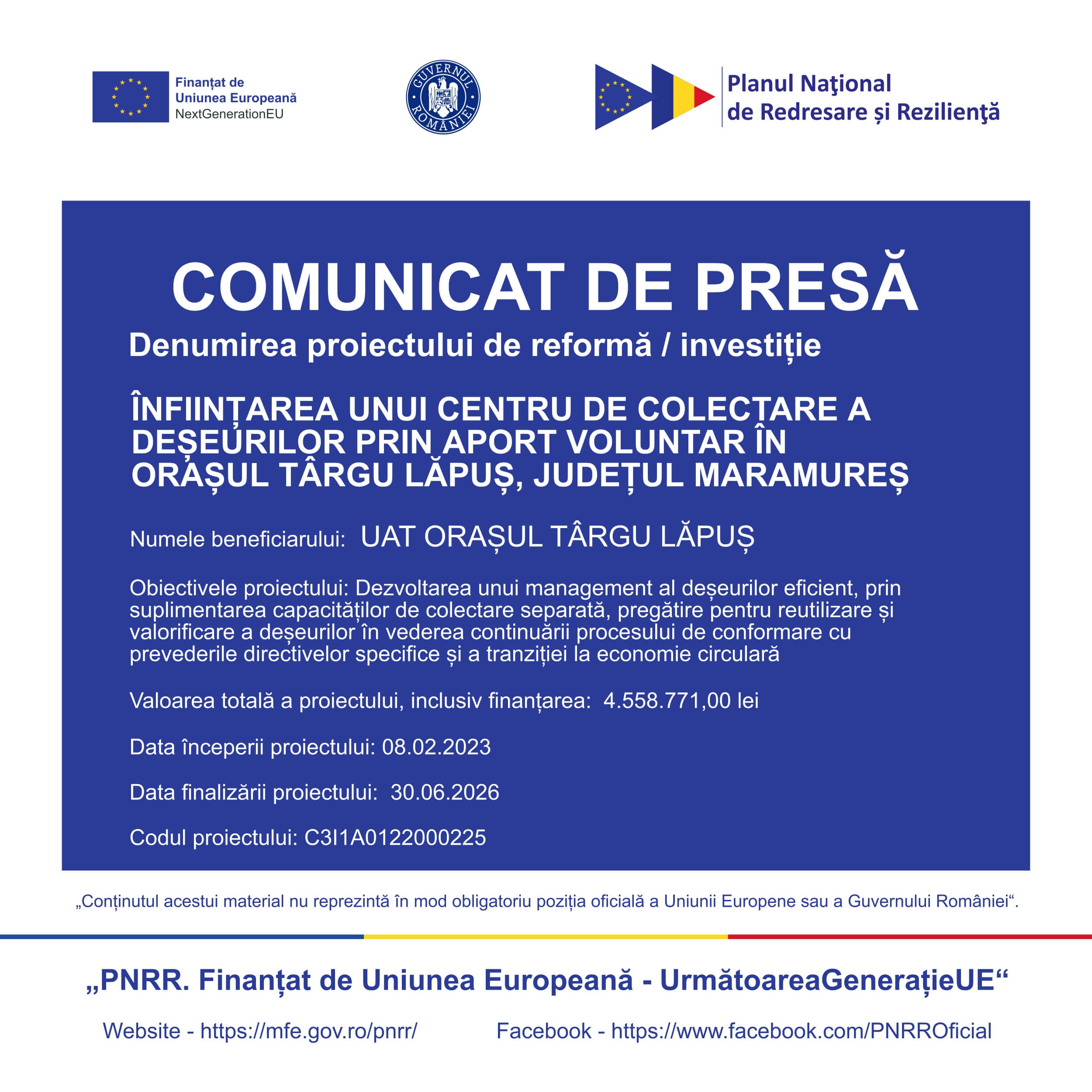 Comunicat oficial privind proiectul centrului de colectare a deșeurilor din Târgu Lăpuș finanțat prin PNRR