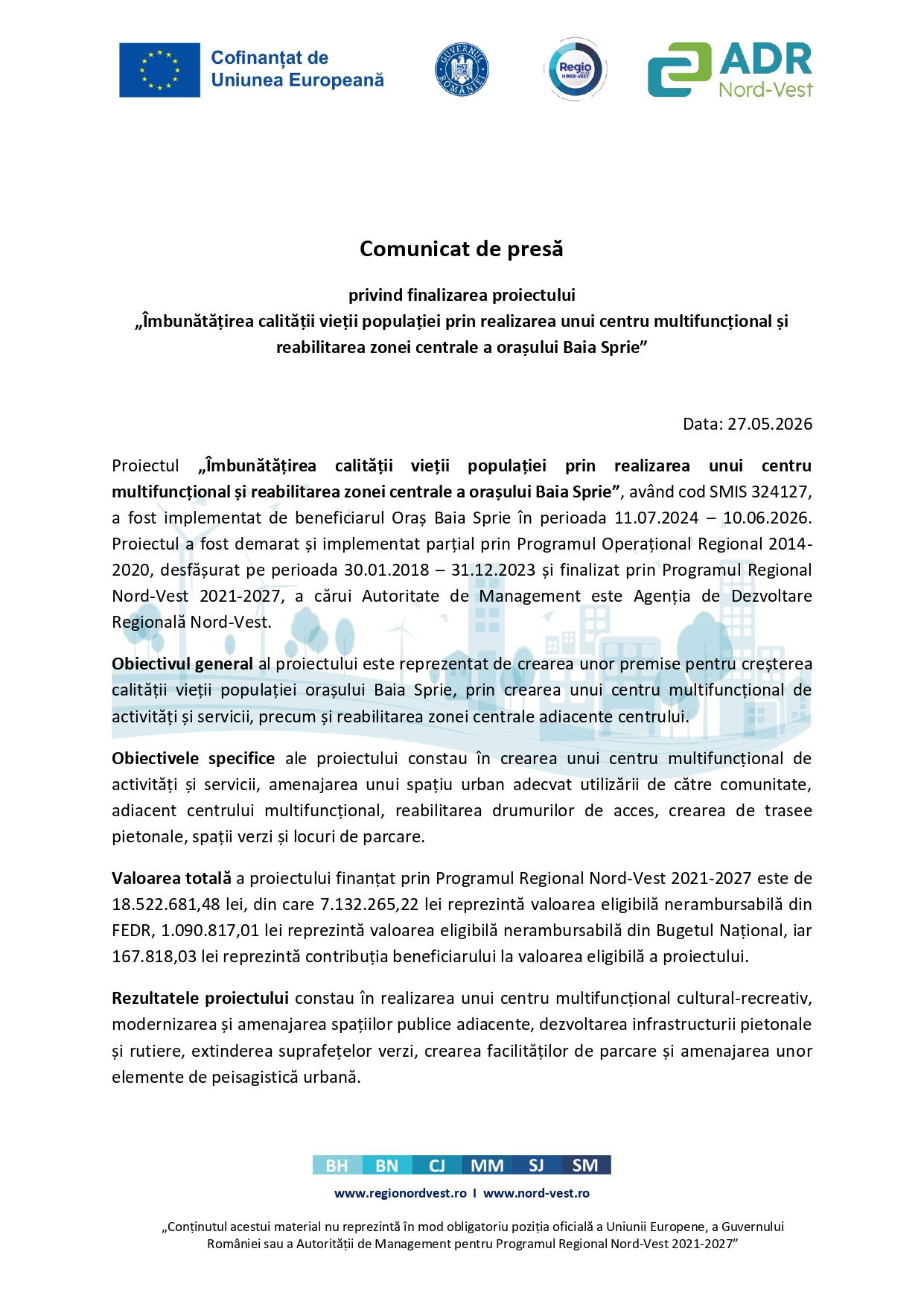 Comunicat oficial privind finalizarea proiectului centrului multifuncțional și reabilitarea zonei centrale din Baia Sprie