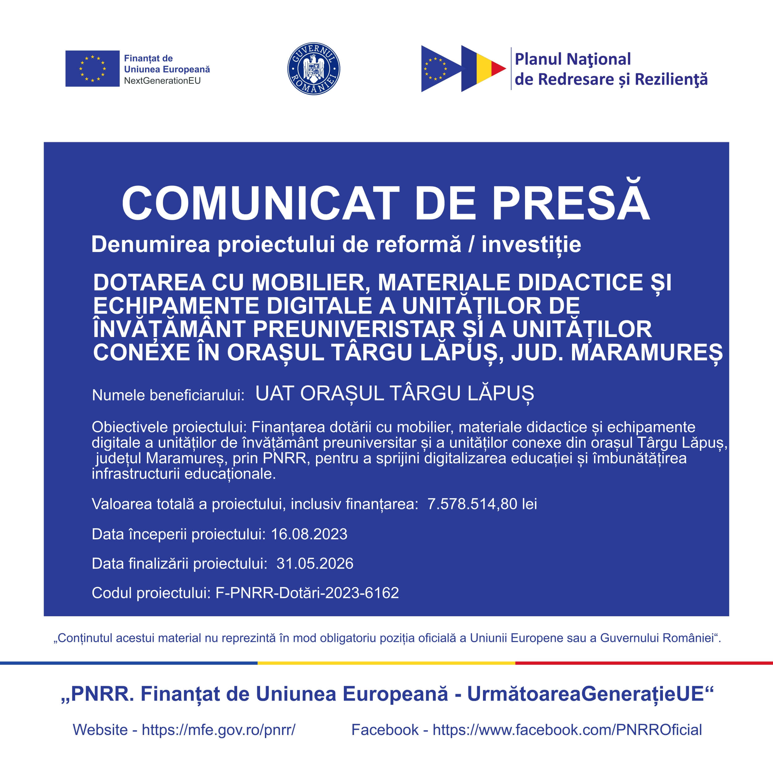 Comunicat de presă în cadrul proiectului de dotare cu mobilier, materiale didactice și echipamente digitale în școlile din Târgu Lăpuș