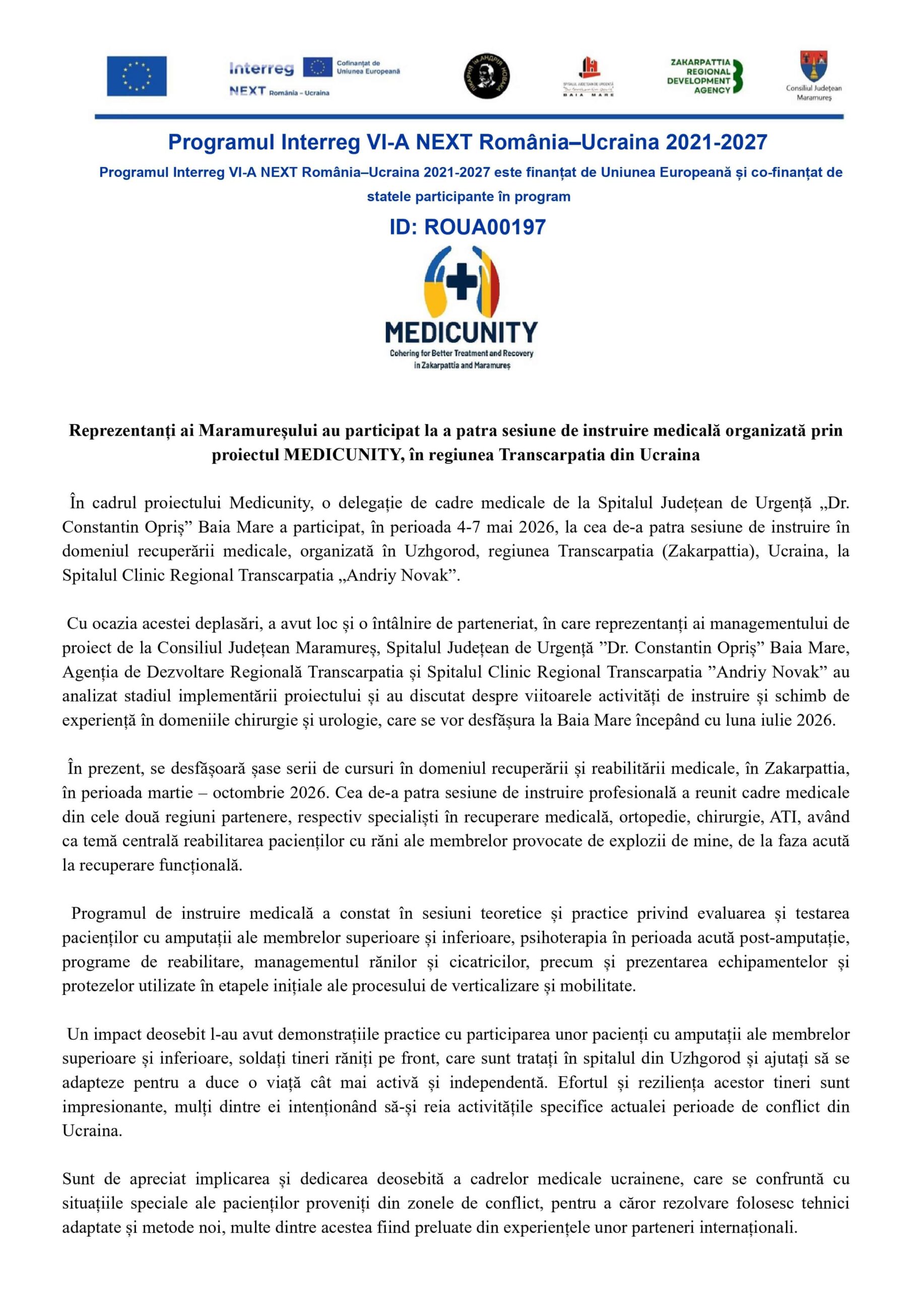 Prima pagină a comunicatului privind instruirea medicală MEDICUNITY în Ucraina și participarea delegației din Maramureș
