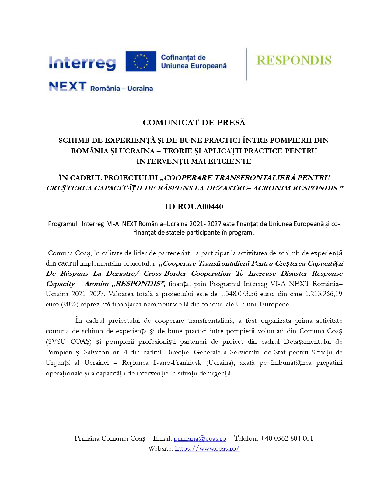 Comunicat oficial privind schimbul de experiență dintre pompierii din România și Ucraina organizat la Coaș