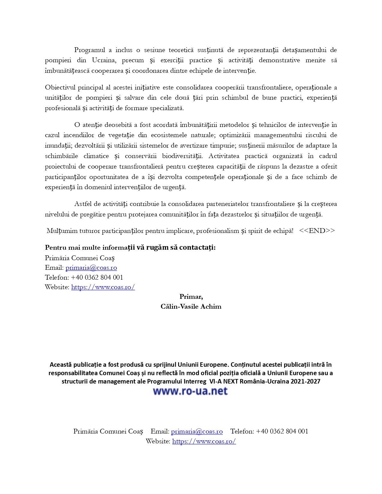 Exerciții și activități practice organizate în cadrul cooperării dintre pompierii din România și Ucraina la Coaș