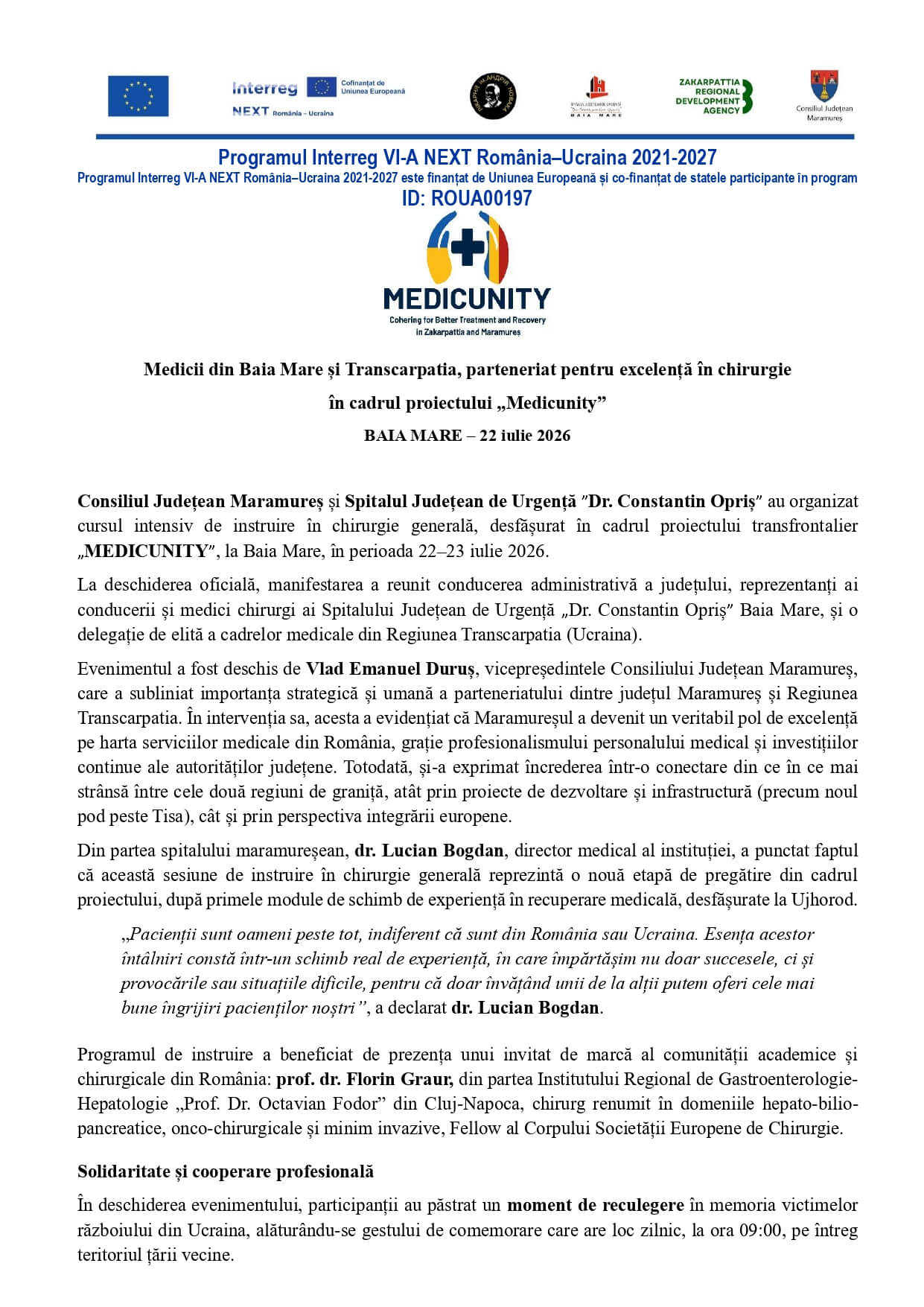 Comunicat MEDICUNITY privind cursul intensiv de chirurgie organizat la Baia Mare în cadrul cooperării România–Ucraina.
