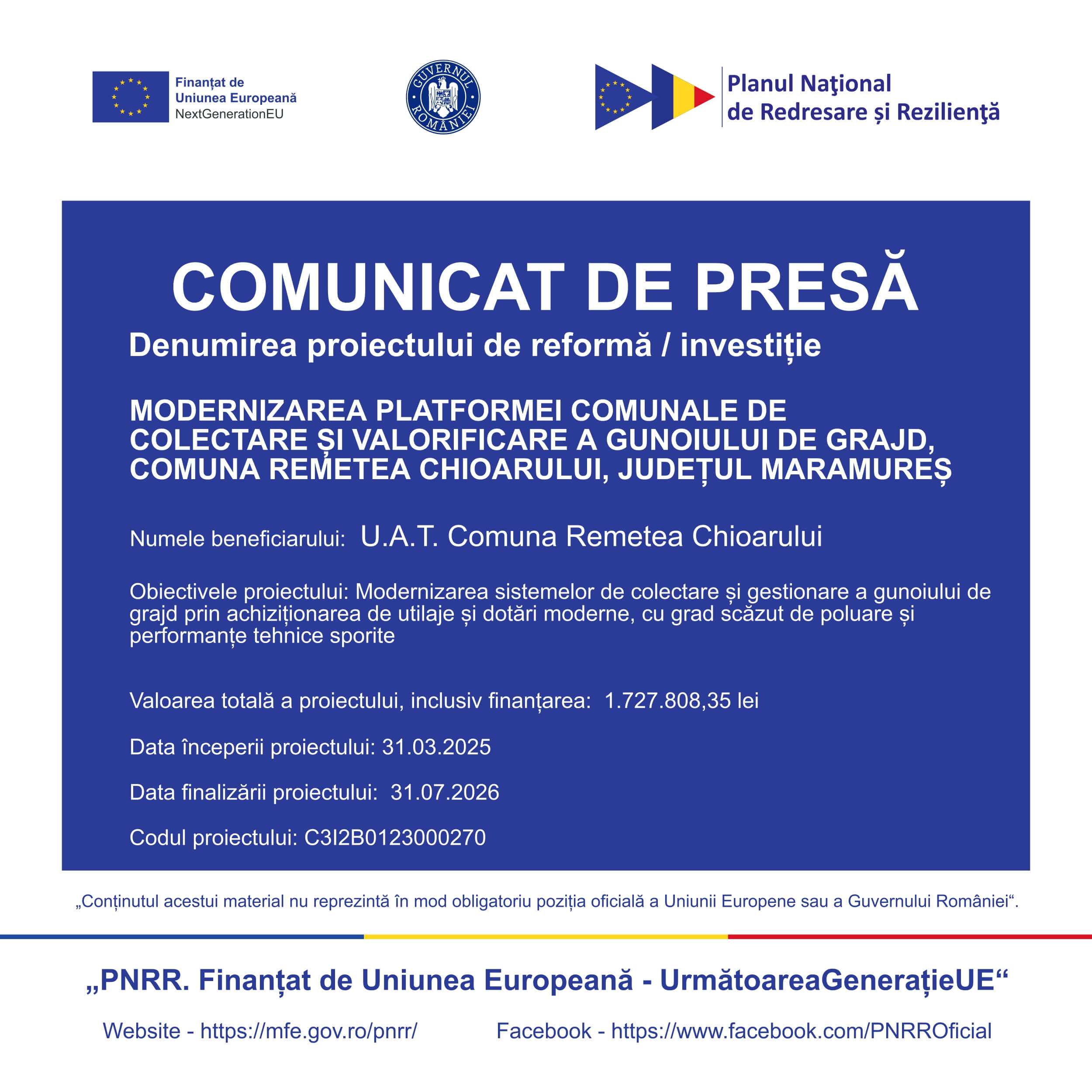 Comunicat PNRR privind modernizarea platformei comunale pentru colectarea și valorificarea gunoiului de grajd din Remetea Chioarului